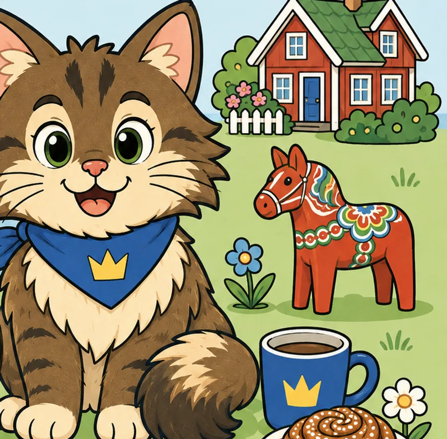 Illustrated Mio the cat with a Dala horse, coffee and a cinnamon bun